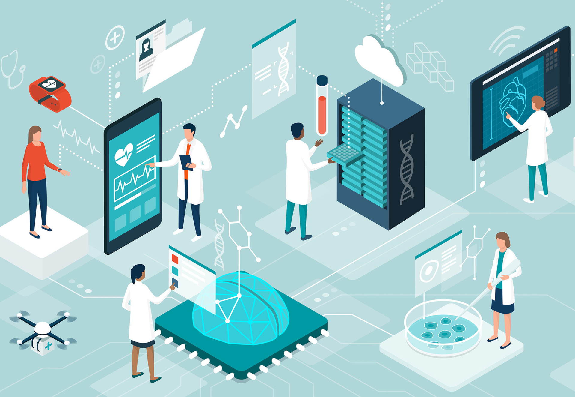 medical professionals in different situtations interacting with computers and robots